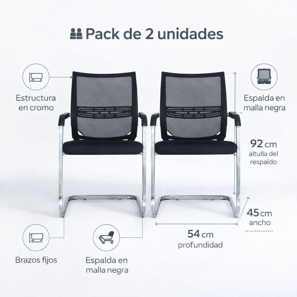 Sillas De Visita Oficina Pack 2 Cromo Malla Negra-6