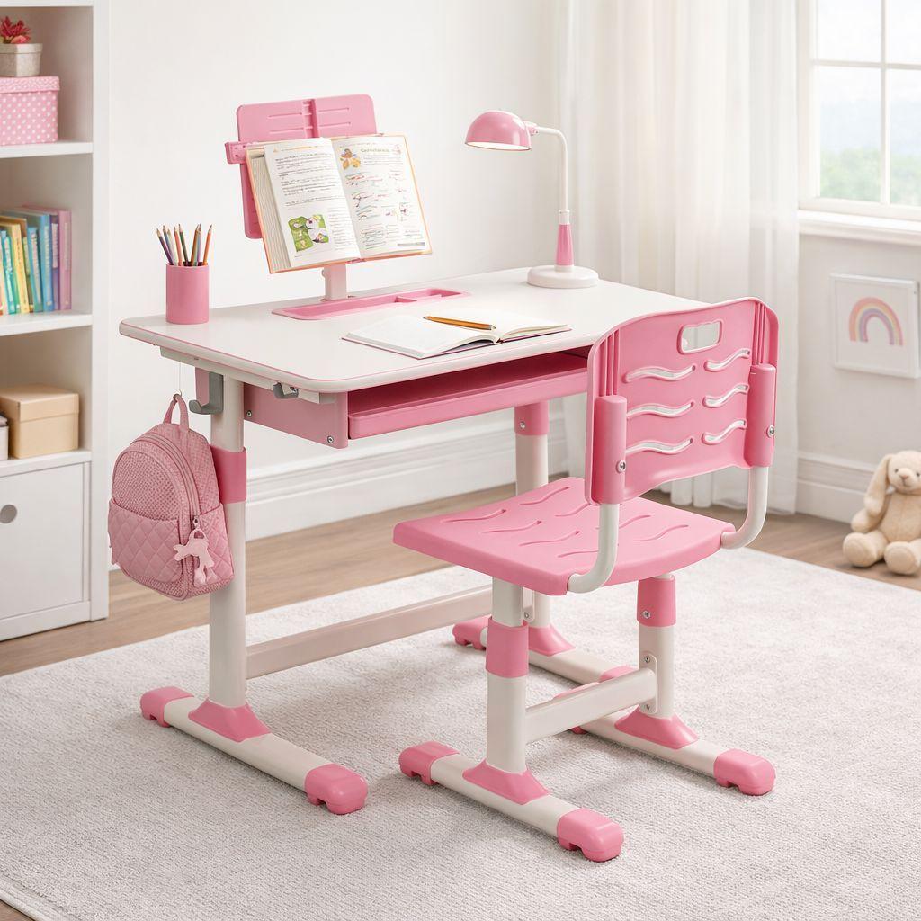 Escritorio Infantil Rosado Con Silla Ergonomica Ajustable-4