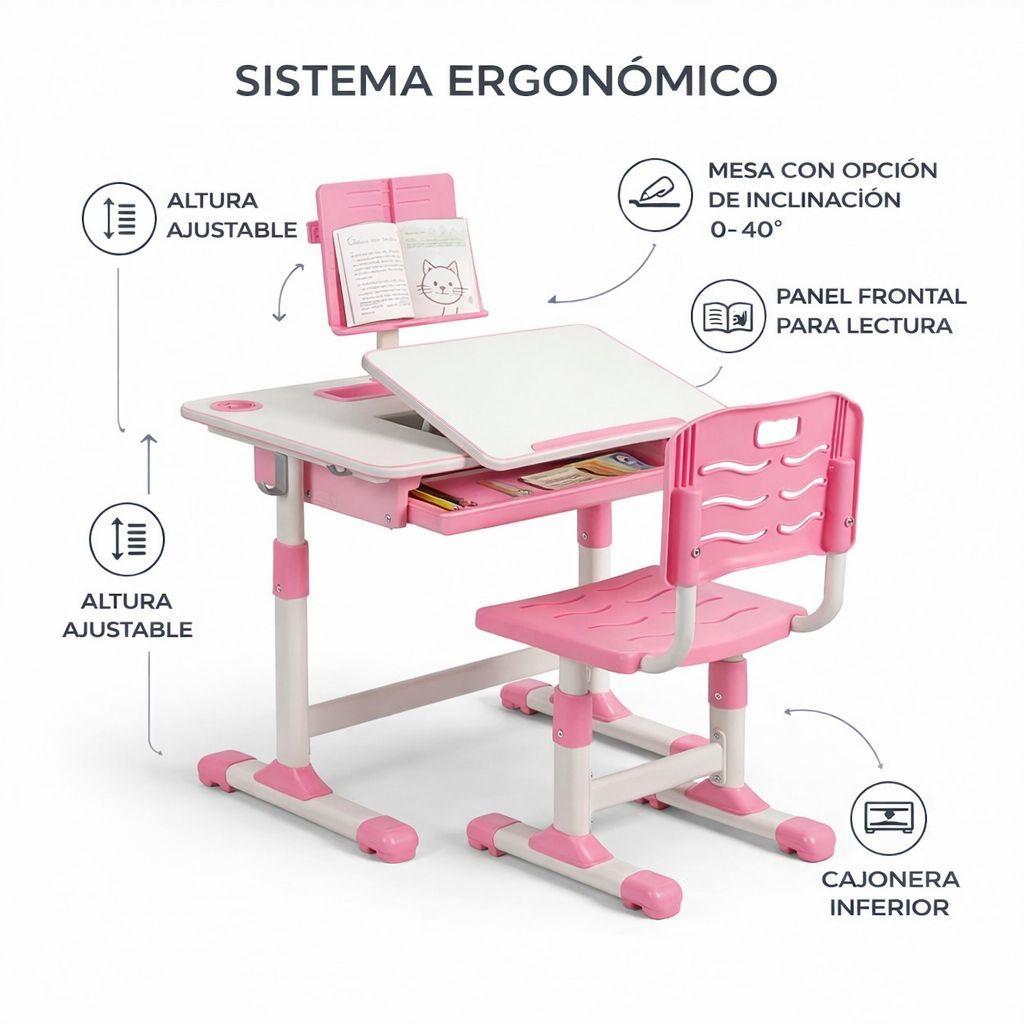 Escritorio Infantil Rosado Con Silla Ergonomica Ajustable-6