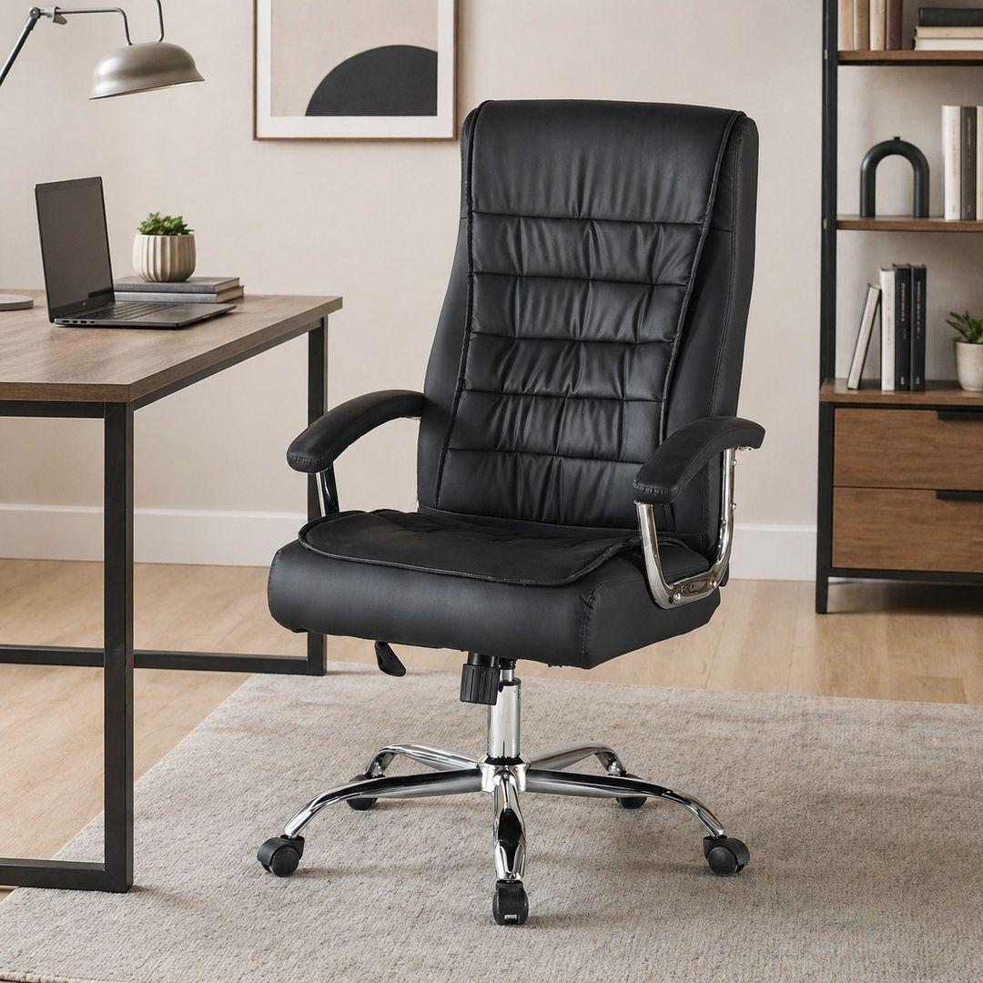 Silla Ejecutiva Magnus Negra con Respaldo Alto Acolchado, Ruedas y Base Cromada para Oficina-0