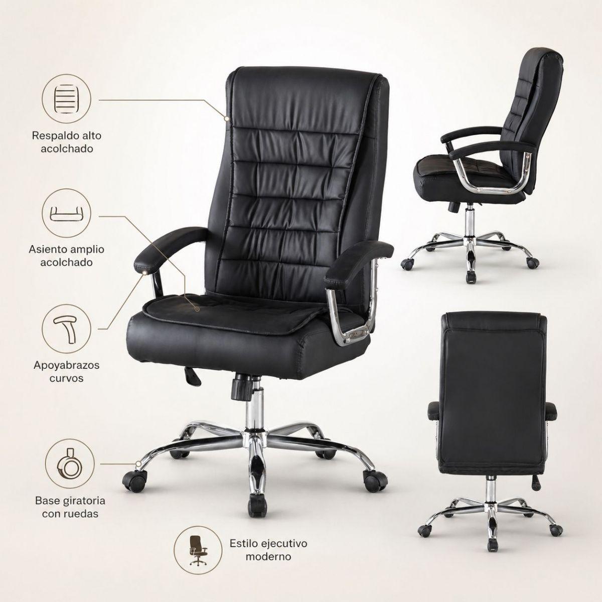 Silla Ejecutiva Magnus Negra con Respaldo Alto Acolchado, Ruedas y Base Cromada para Oficina-3