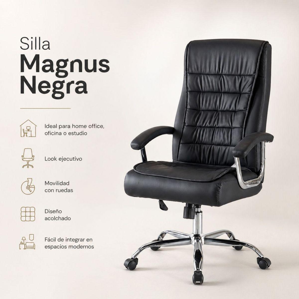 Silla Ejecutiva Magnus Negra con Respaldo Alto Acolchado, Ruedas y Base Cromada para Oficina-4