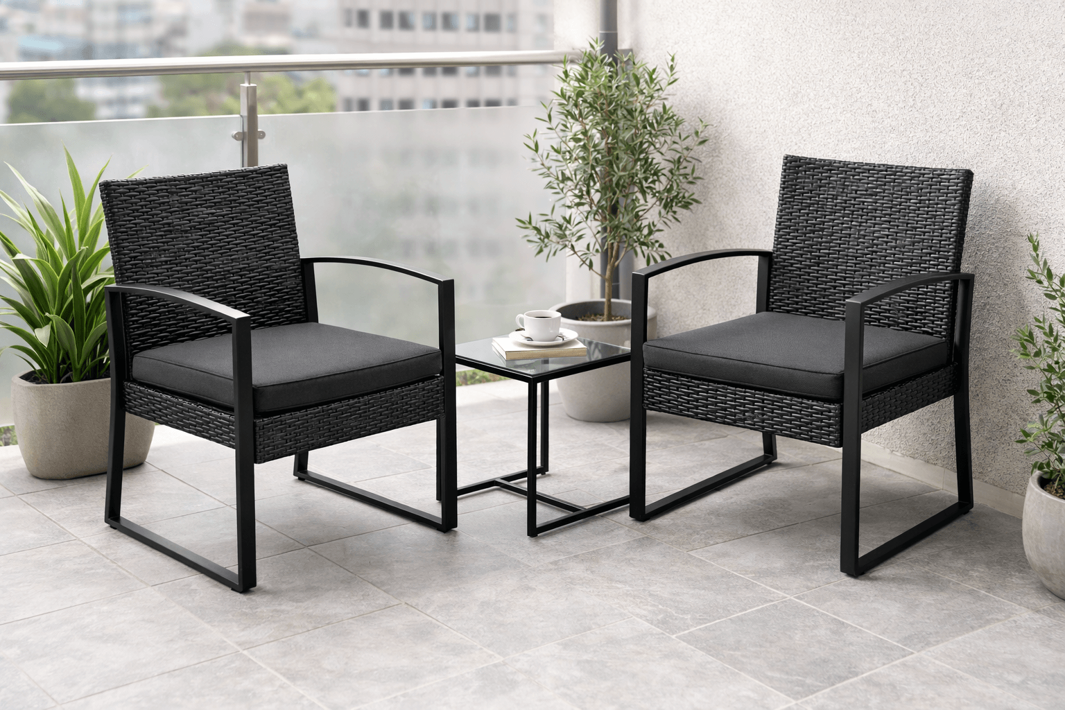 Set Terraza con Sillas de Rattan y Mesa Negra Vidrio Templado-2