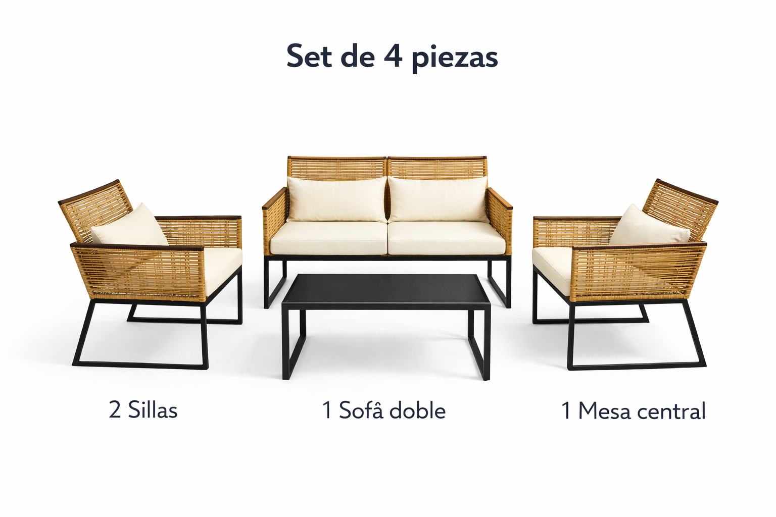 Juego Terraza Beige Sofá + Sillas + con Mesa Vidrio- Completo 4 Piezas-6