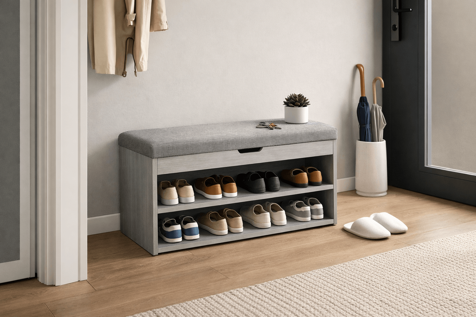 Zapatero con Cojín 2 Niveles Gris – Compacto y Moderno con Asiento Acolchado-3