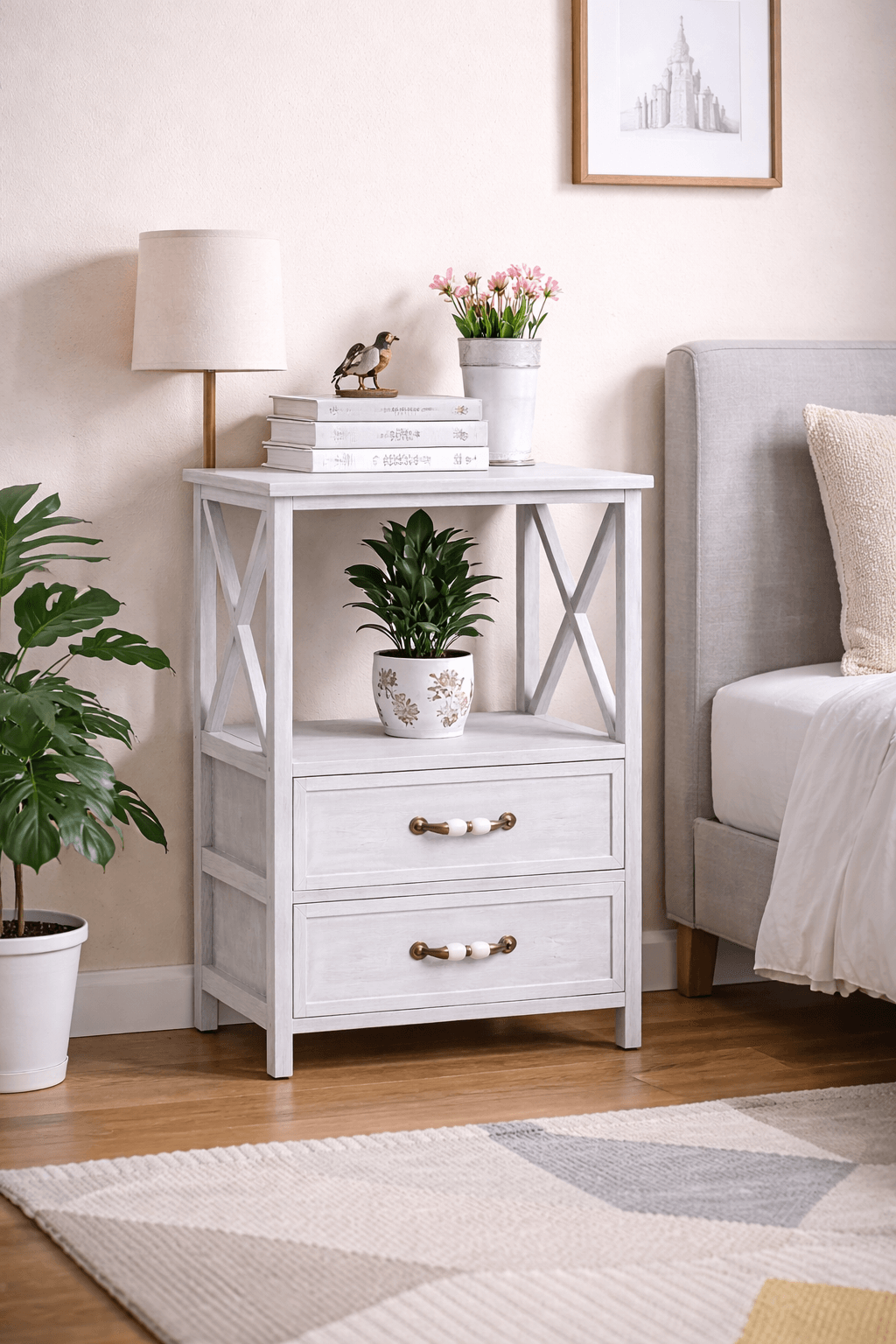 Mueble Auxiliar 2 en 1 Gris Blanqueado con Cajones Librero Integrado 70 cm-6