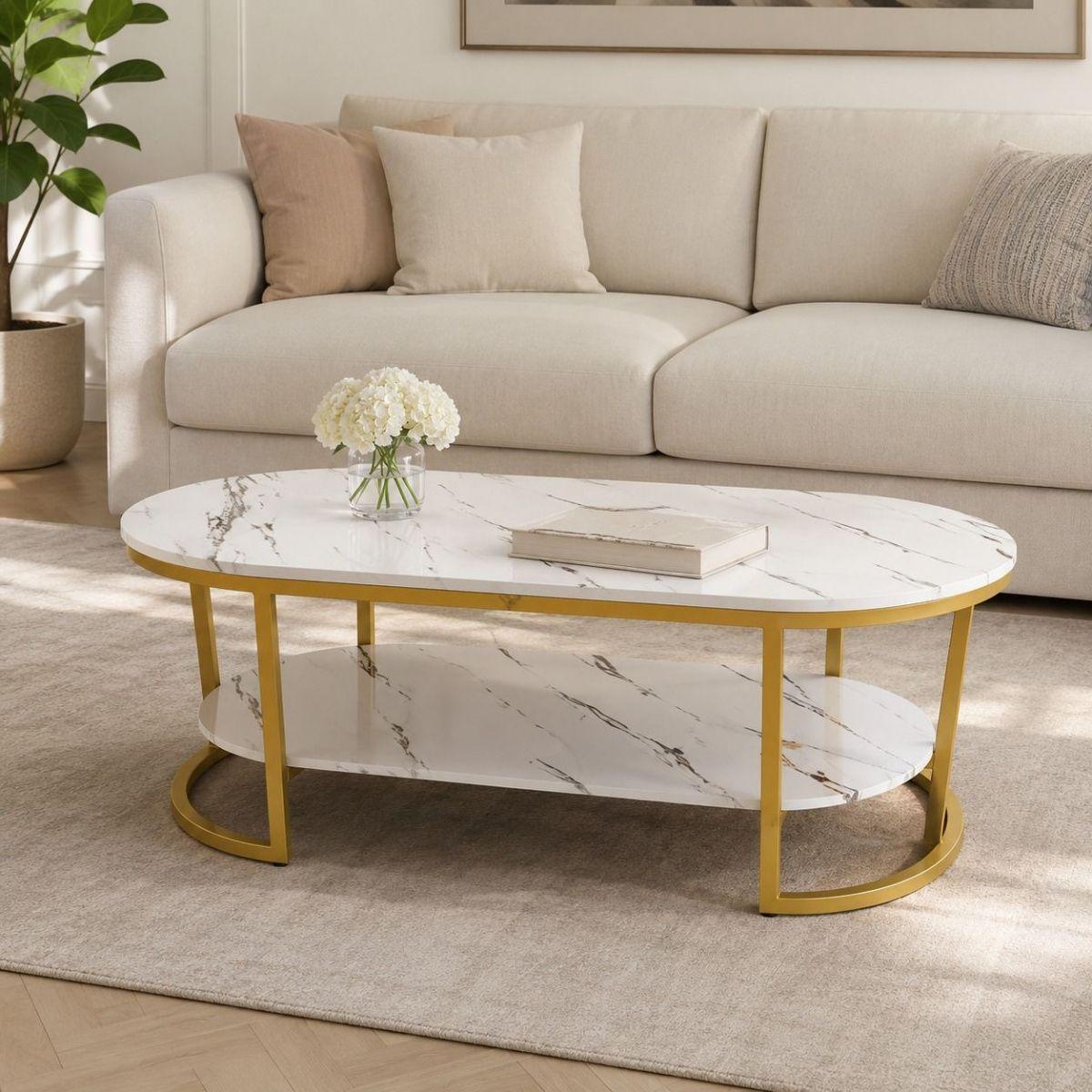 Mesa de Centro 2 Niveles Blanca con Vetas Tipo Mármol y Estructura Dorada para Living-1