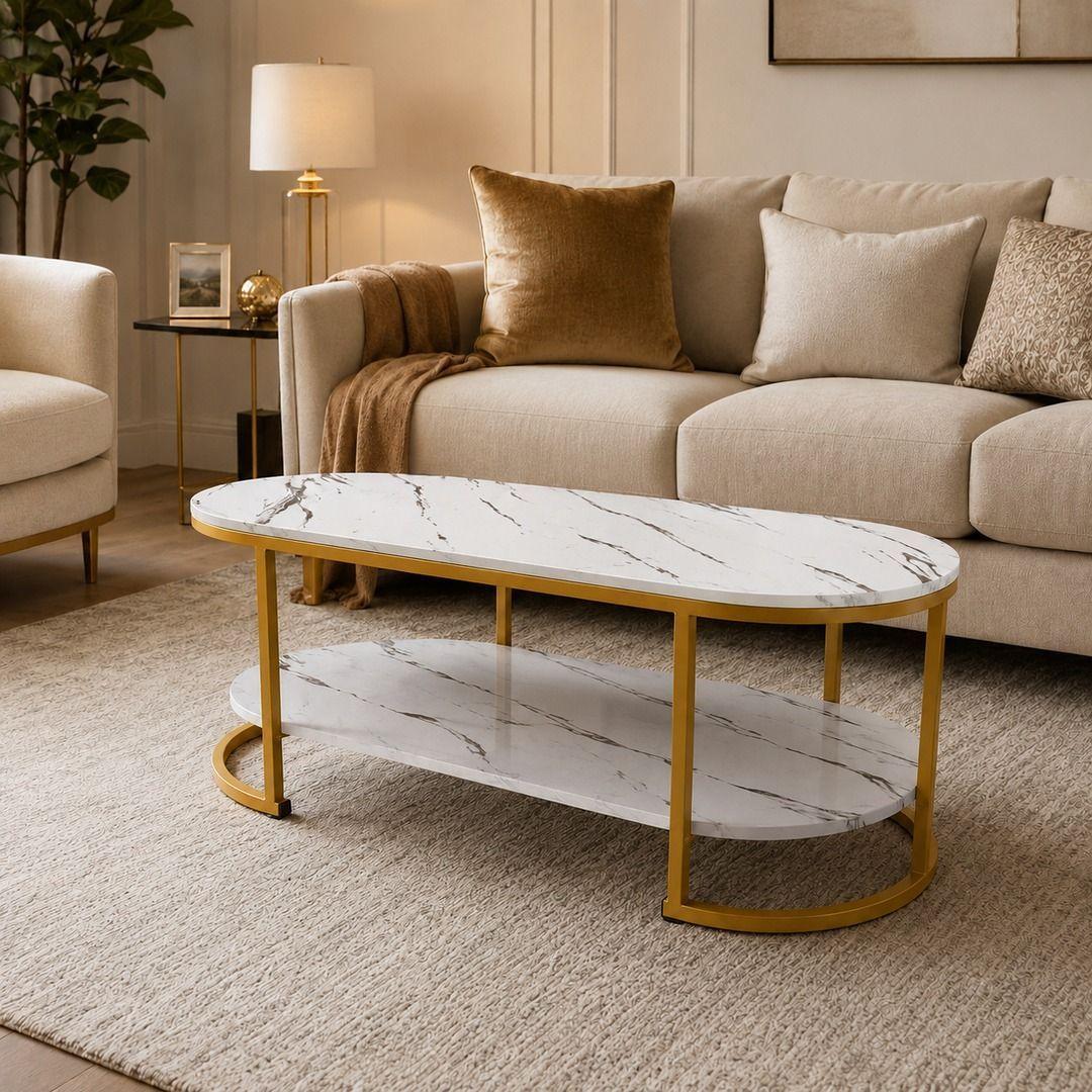 Mesa de Centro 2 Niveles Blanca con Vetas Tipo Mármol y Estructura Dorada para Living-2
