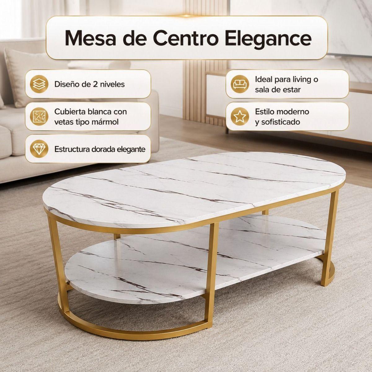 Mesa de Centro 2 Niveles Blanca con Vetas Tipo Mármol y Estructura Dorada para Living-3