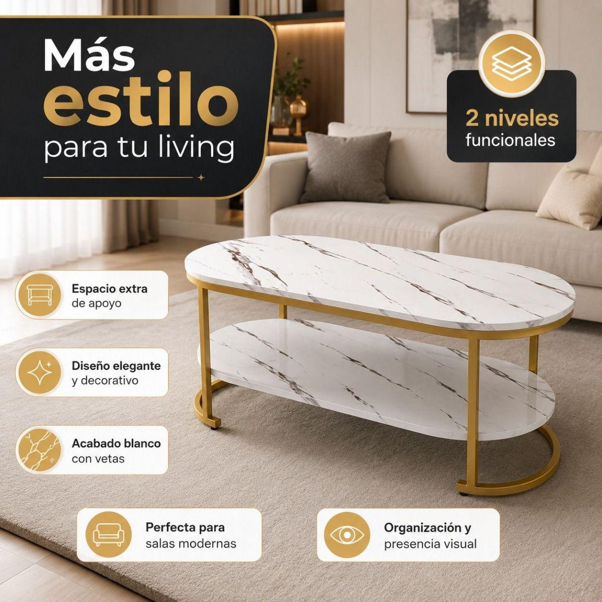 Mesa de Centro 2 Niveles Blanca con Vetas Tipo Mármol y Estructura Dorada para Living-4