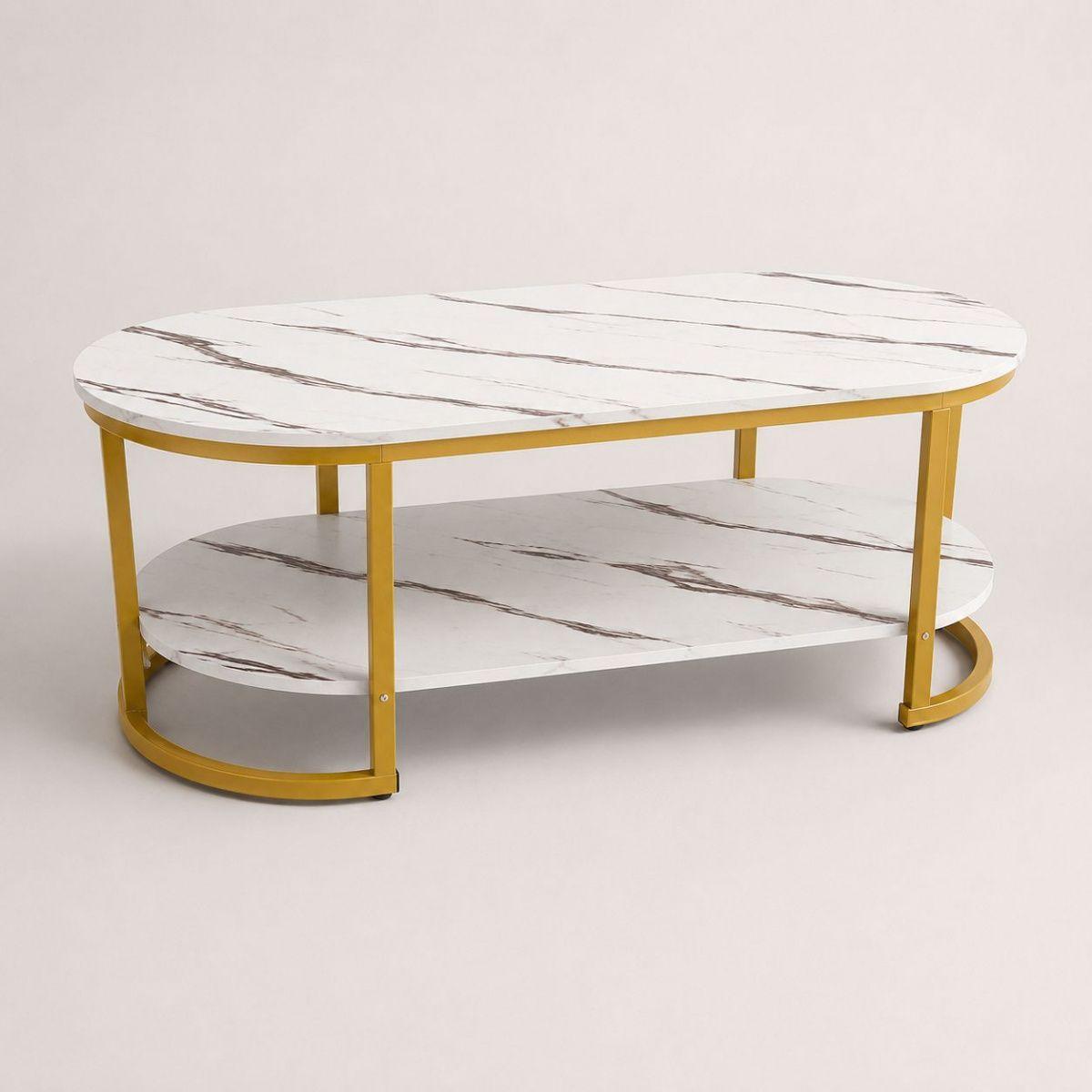 Mesa de Centro 2 Niveles Blanca con Vetas Tipo Mármol y Estructura Dorada para Living-5