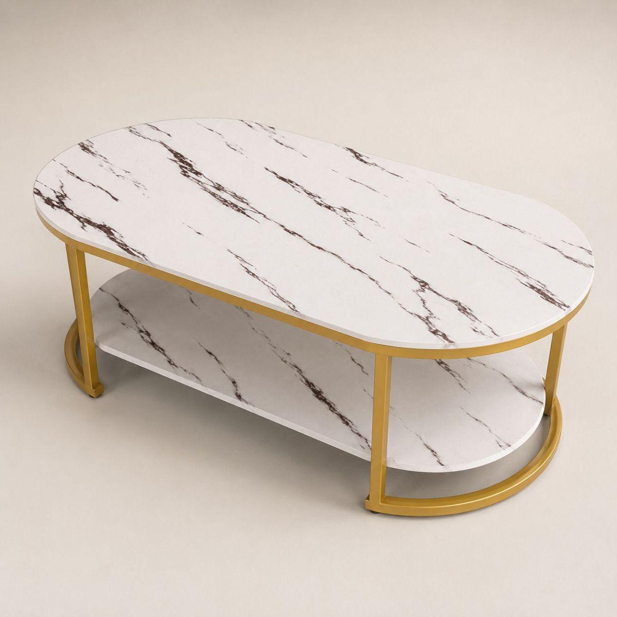 Mesa de Centro 2 Niveles Blanca con Vetas Tipo Mármol y Estructura Dorada para Living-6