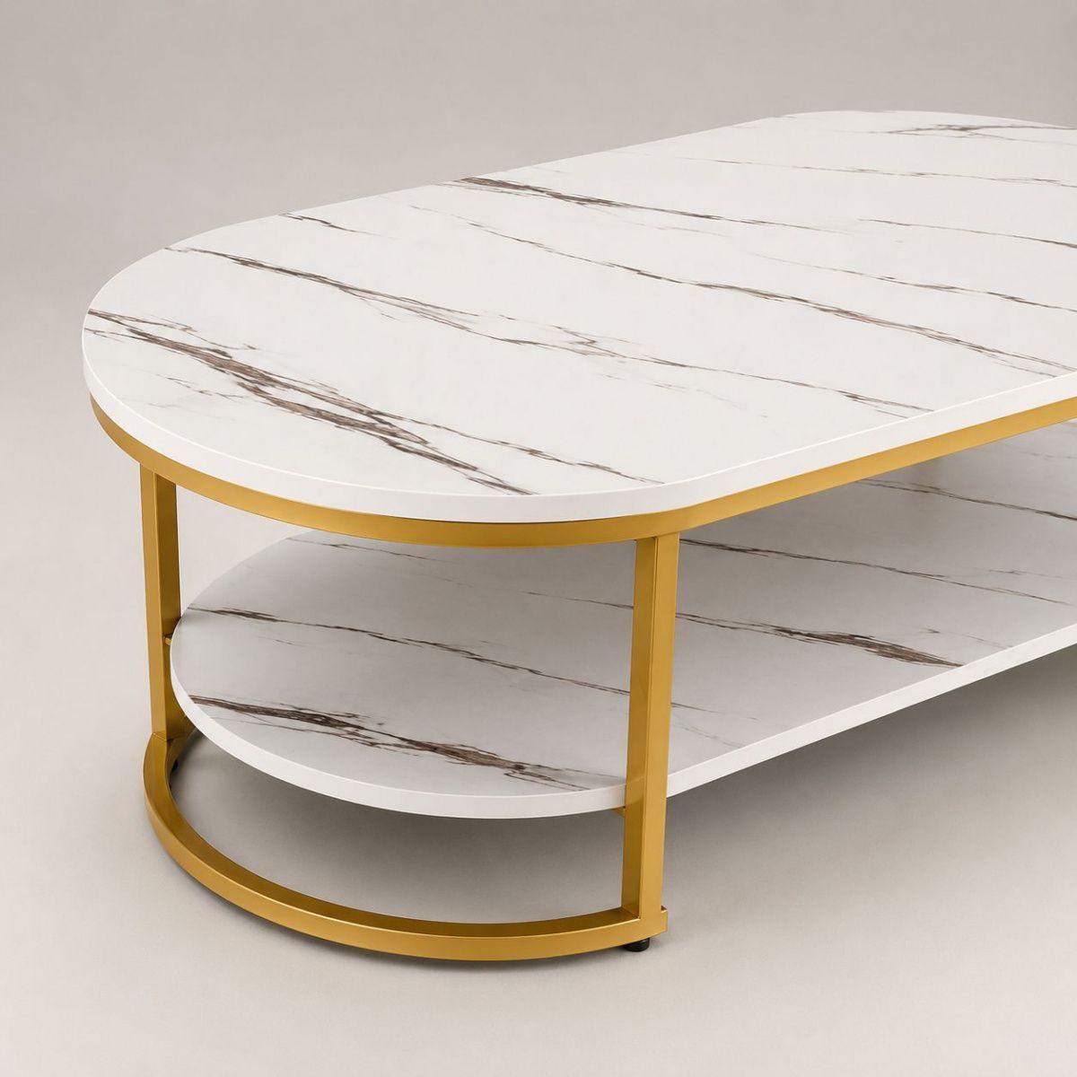 Mesa de Centro 2 Niveles Blanca con Vetas Tipo Mármol y Estructura Dorada para Living-7