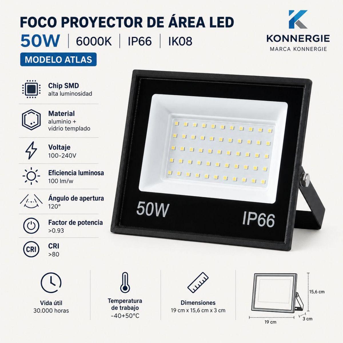 Foco Proyector De Área LED 50W 6000K Atlas IP66 IK08-5