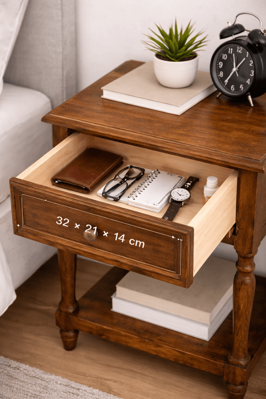 Velador  Madera Maciza 1 Cajón con Repisa 55 cm-3