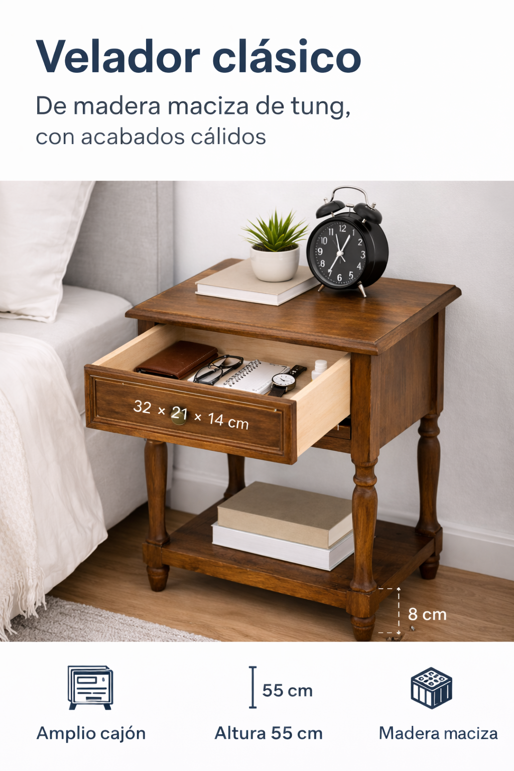 Velador  Madera Maciza 1 Cajón con Repisa 55 cm-7