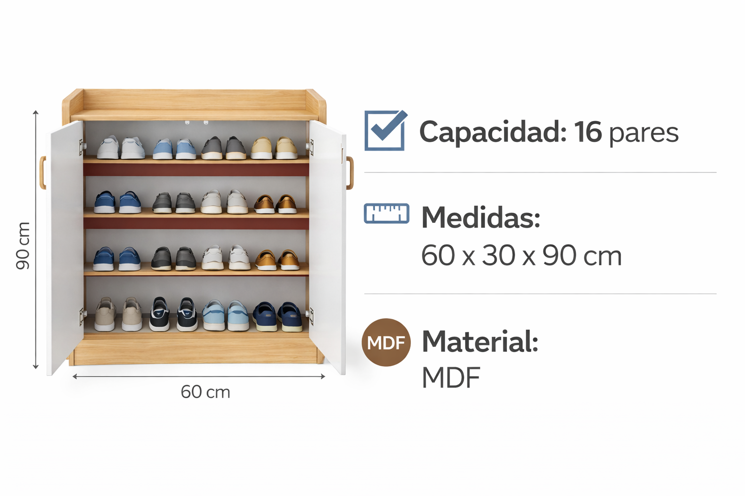 Mueble Zapatero Blanco 4 Niveles 16 Pares MDF 60x30 cm-6