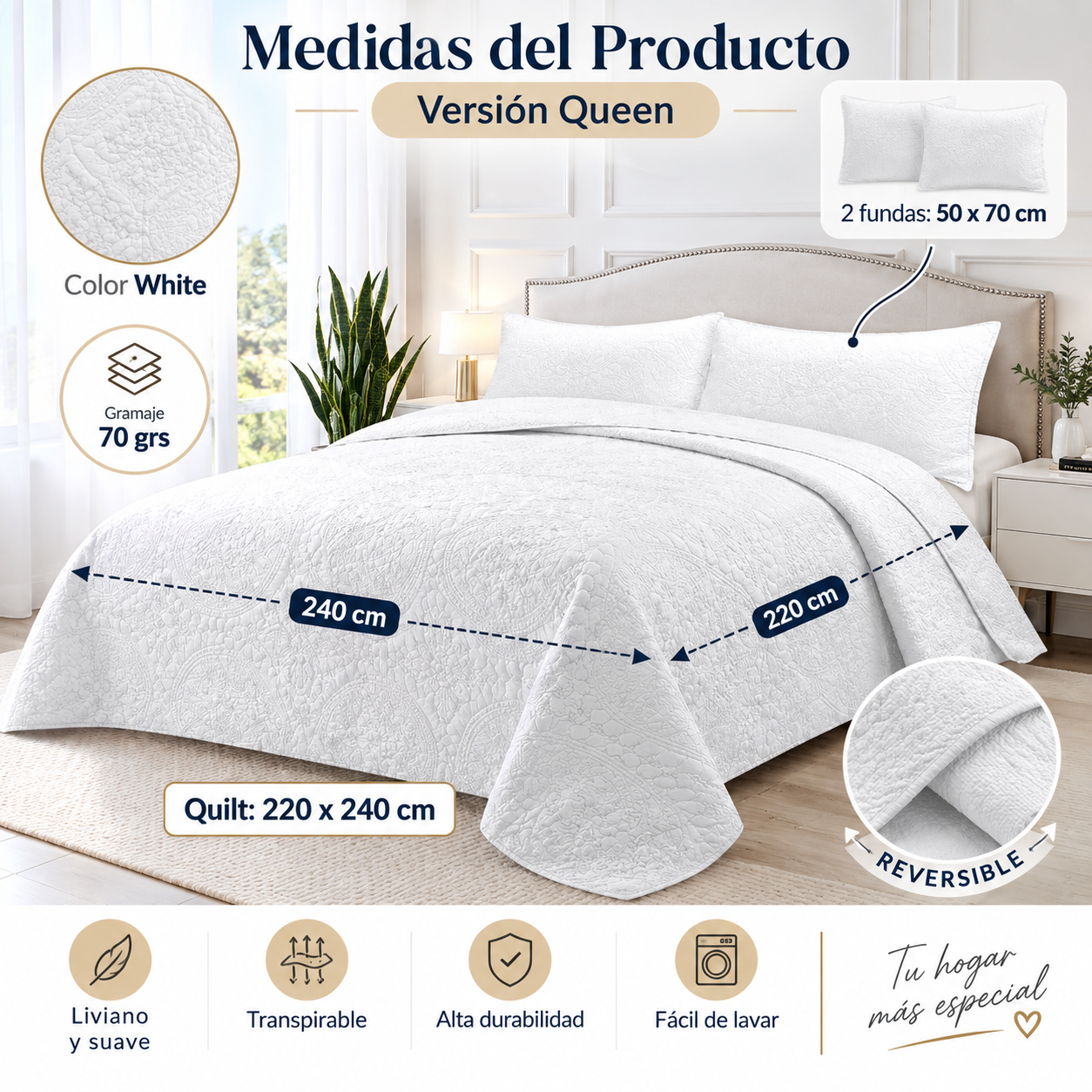 Cubrecama Verano Quilt Wonder Queen 220x240 Cm Reversible 2 Fundas Blanco-1