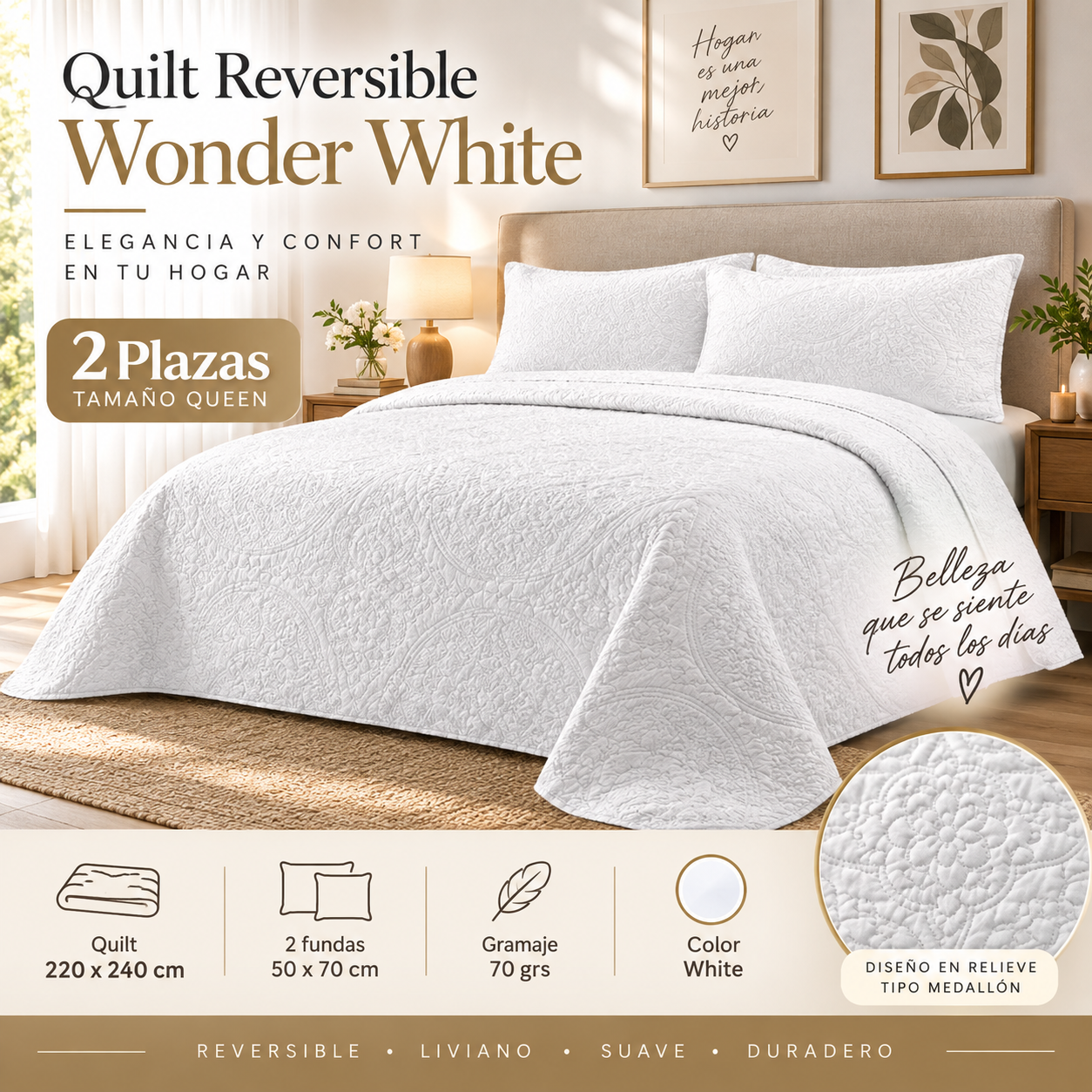 Cubrecama Verano Quilt Wonder Queen 220x240 Cm Reversible 2 Fundas Blanco-2