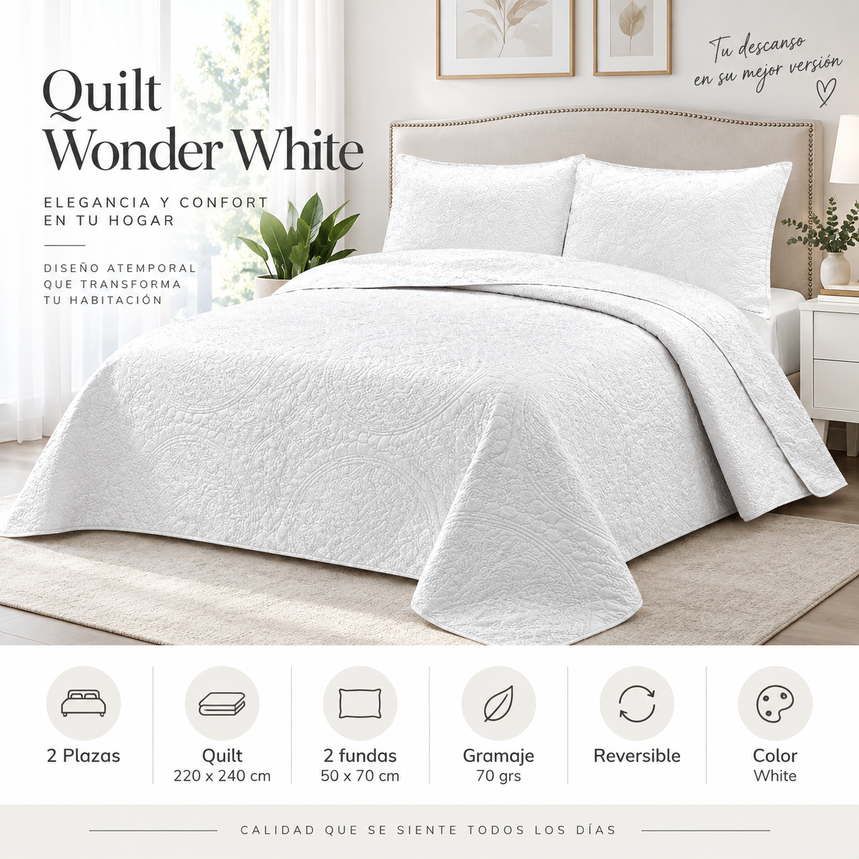 Cubrecama Verano Quilt Wonder Queen 220x240 Cm Reversible 2 Fundas Blanco-3