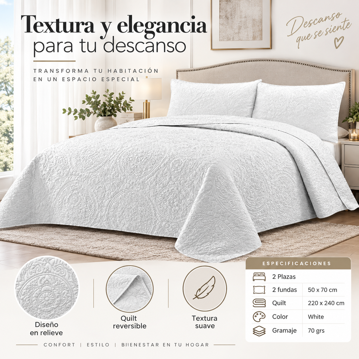 Cubrecama Verano Quilt Wonder Queen 220x240 Cm Reversible 2 Fundas Blanco-4