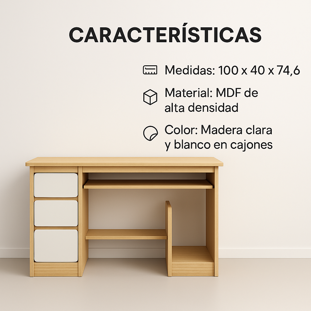 Escritorio triunfo 3 gavetas marron con bandeja teclado-2