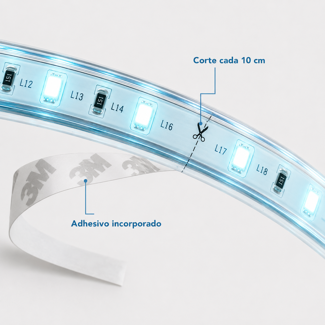 Cinta LED Azul Hielo 100 LED/m Corte Cada 10 cm Adhesiva-4