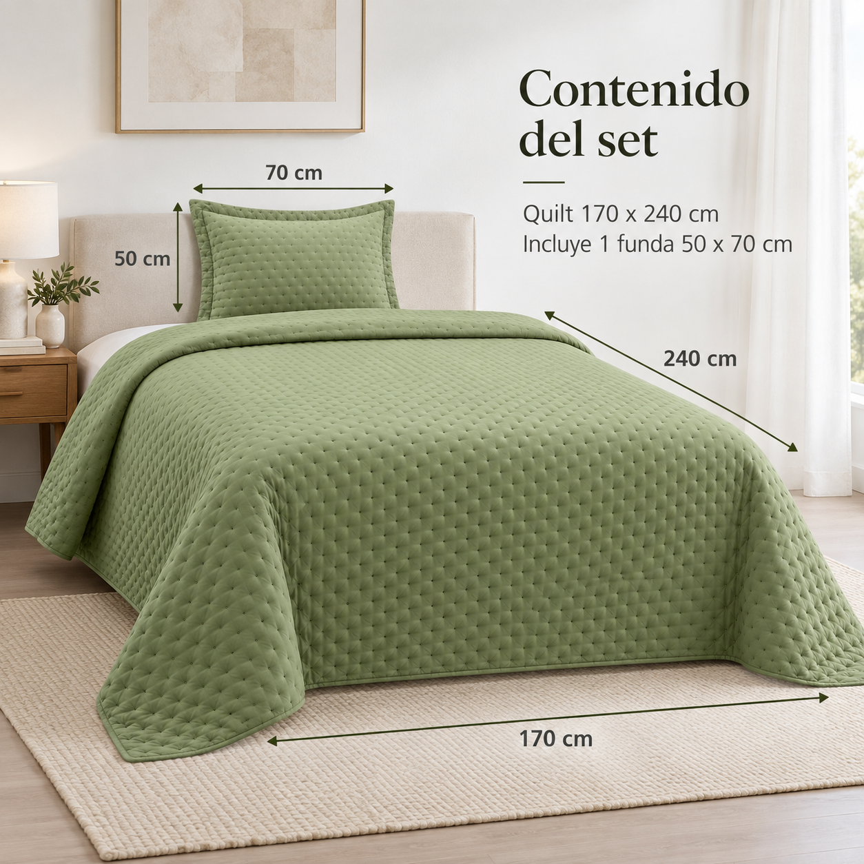 Cubrecama Verano Quilt Deluxe 1.5 P 170x240 Cm Reversible 1 Funda Oliva-1