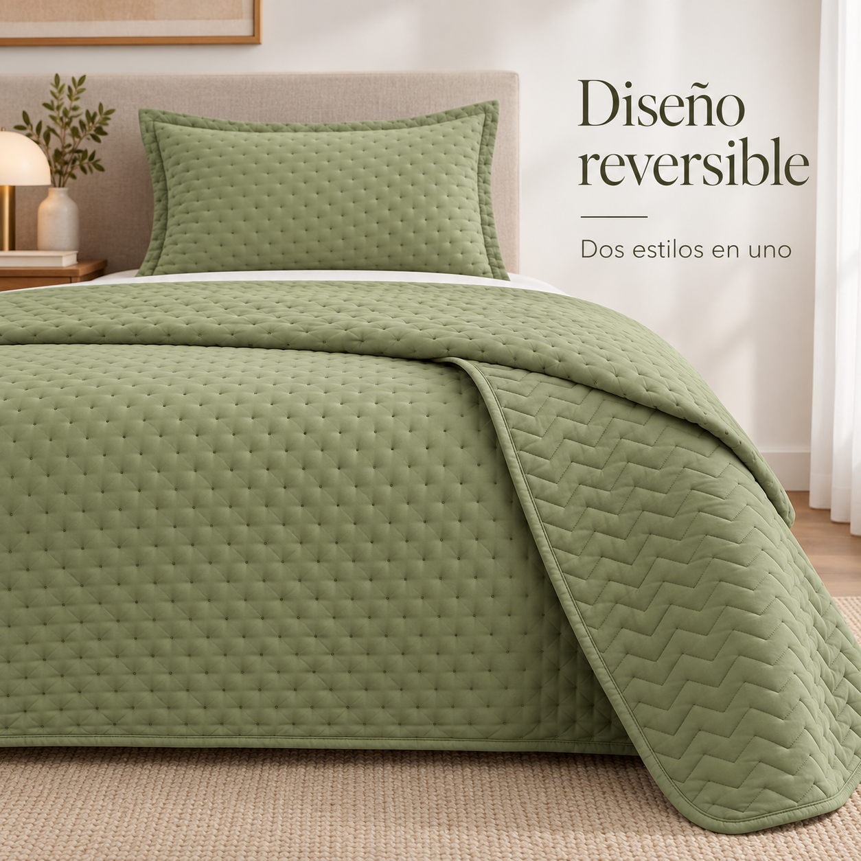 Cubrecama Verano Quilt Deluxe 1.5 P 170x240 Cm Reversible 1 Funda Oliva-2