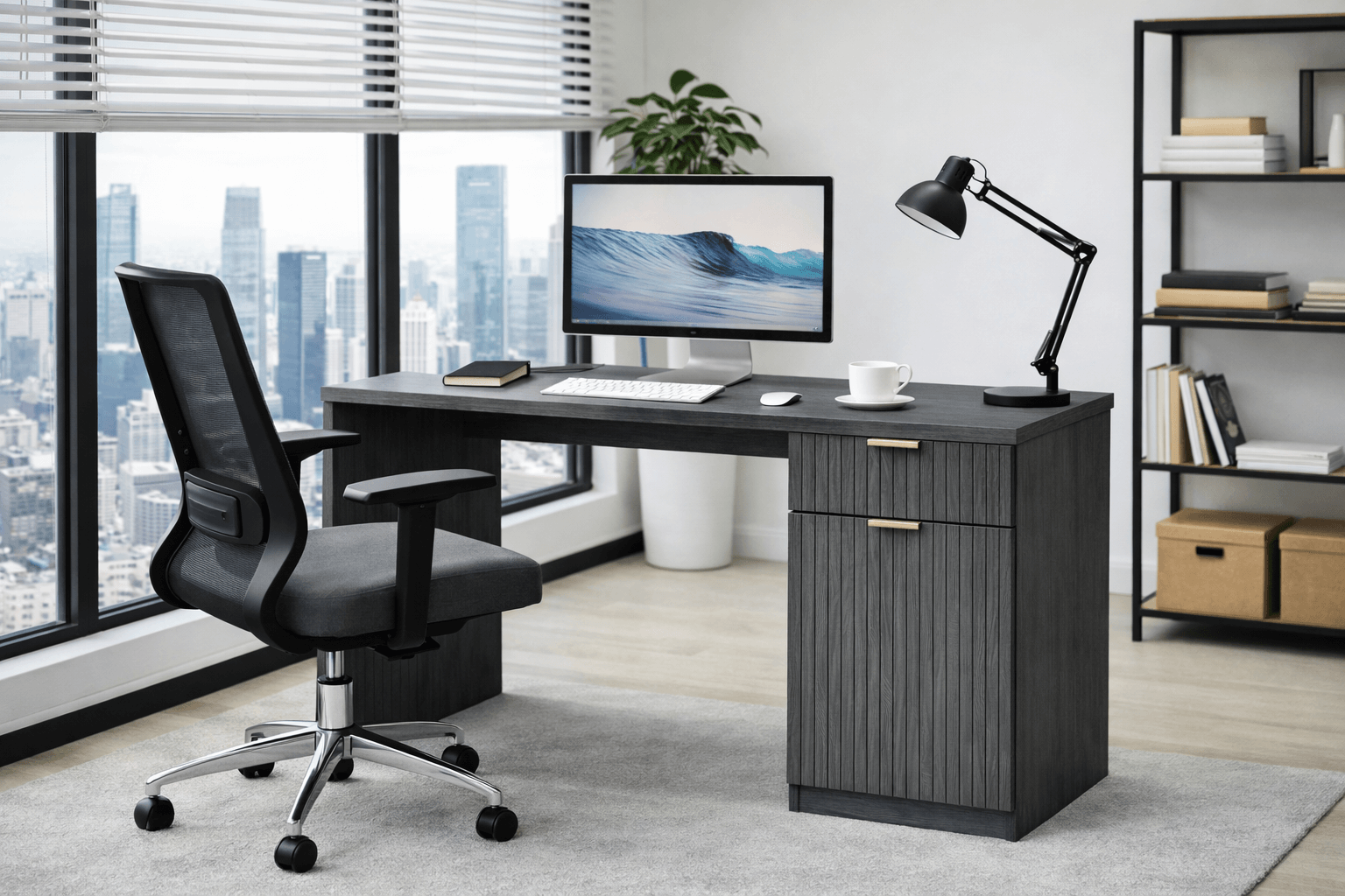 Escritorio Oficina 120x55x75 cm Gris Oscuro Con Cajonera Wave-3