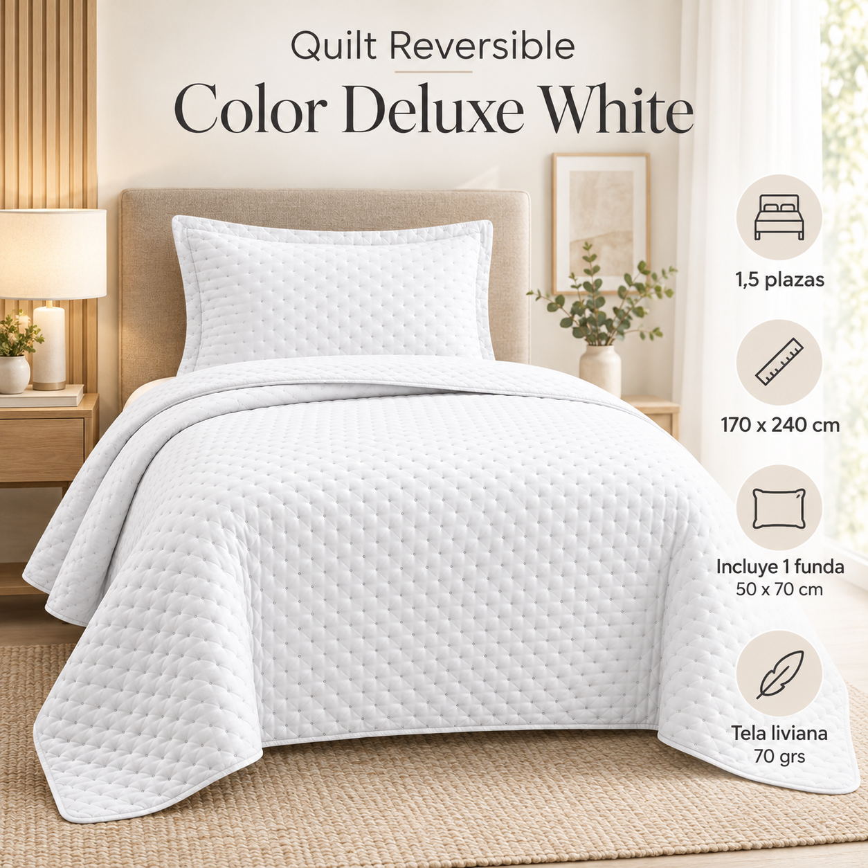 Cubrecama Verano Quilt Deluxe 1.5 P 170x240 Cm Reversible 1 Funda Blanco-1