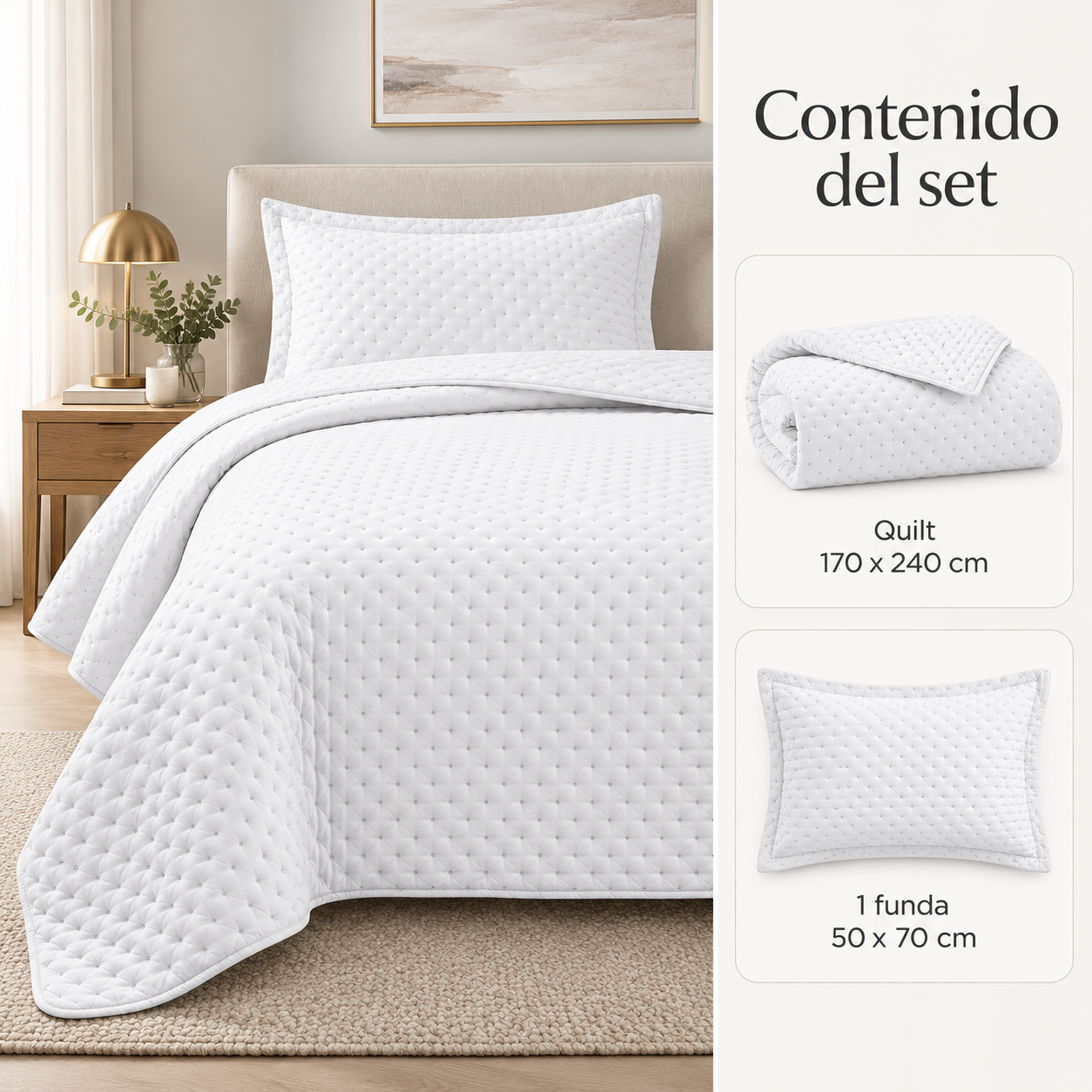 Cubrecama Verano Quilt Deluxe 1.5 P 170x240 Cm Reversible 1 Funda Blanco-3