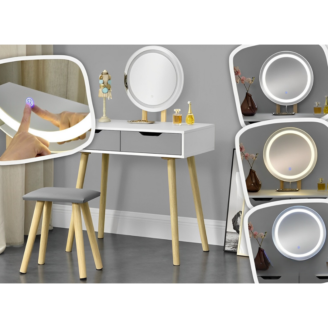 Tocador Vany 2 cajones con taburete color gris-4