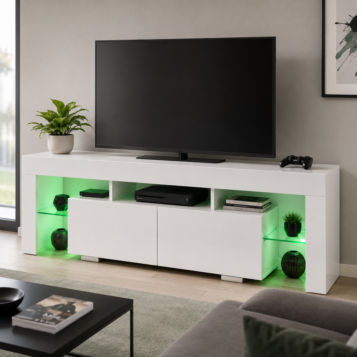 Rack TV Destiny Blanco 155 cm con LED Multicolor y Puertas Abatibles-2