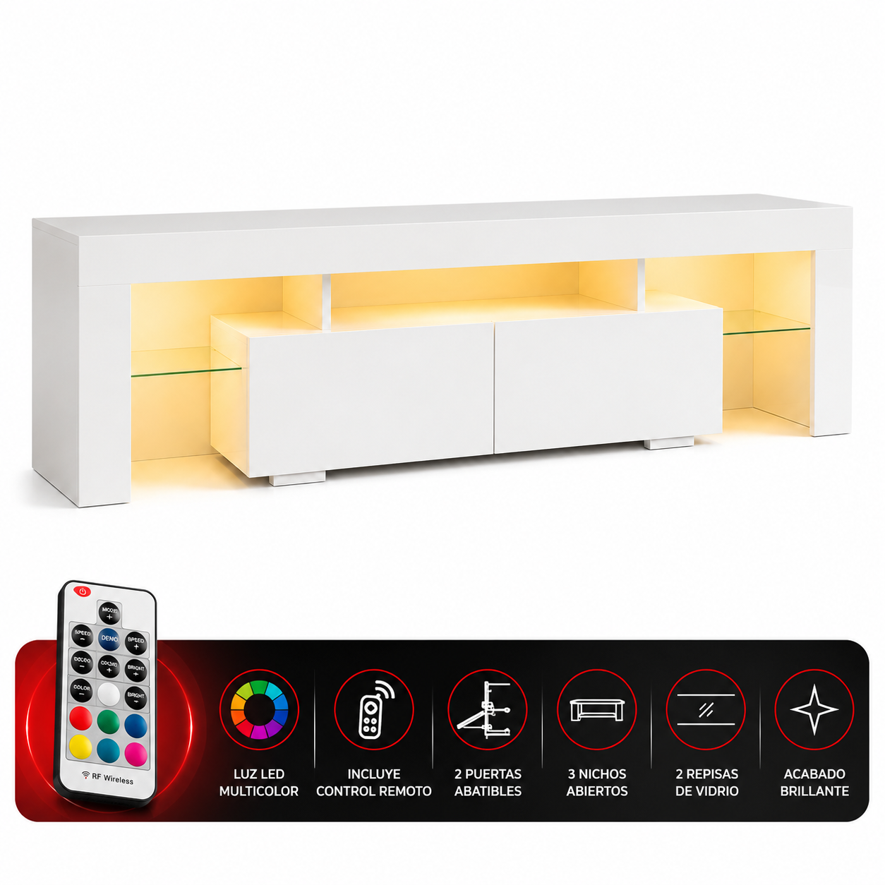 Rack TV Destiny Blanco 155 cm con LED Multicolor y Puertas Abatibles-3