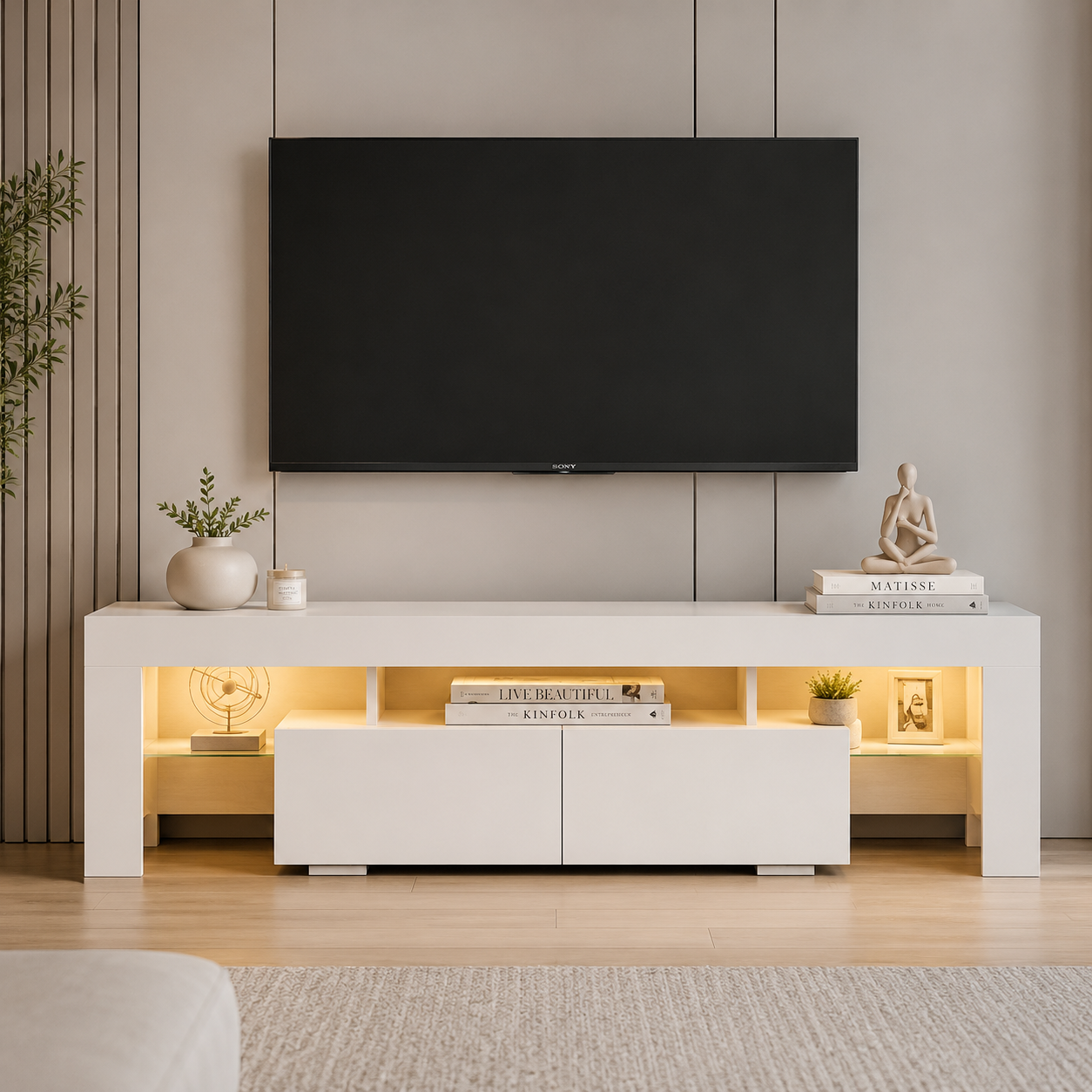 Rack TV Destiny Blanco 155 cm con LED Multicolor y Puertas Abatibles-4