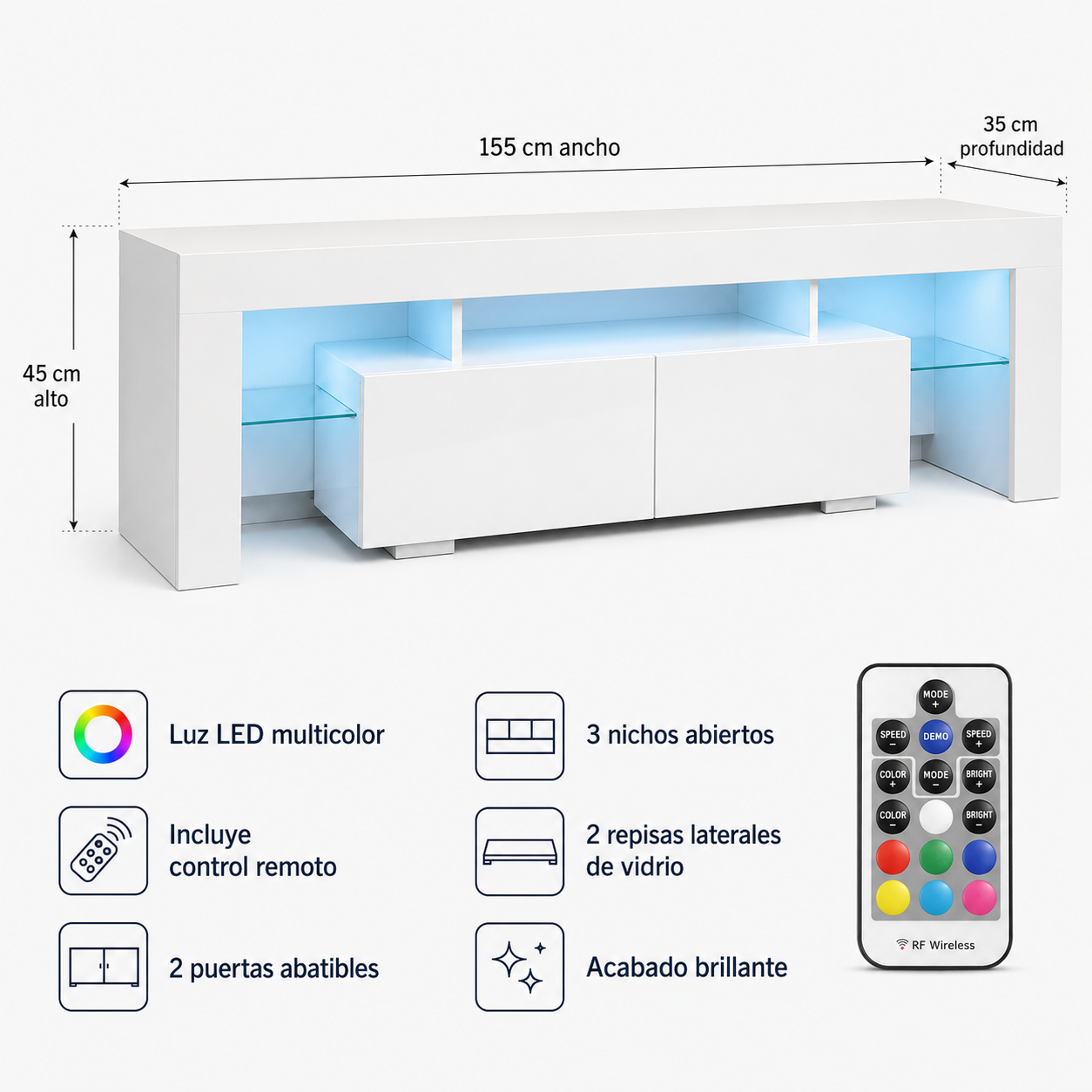 Rack TV Destiny Blanco 155 cm con LED Multicolor y Puertas Abatibles-5
