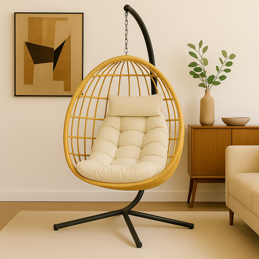 Silla Colgante de Ratán Beige Diseño Elegante para Terraza, Jardín o Living-2