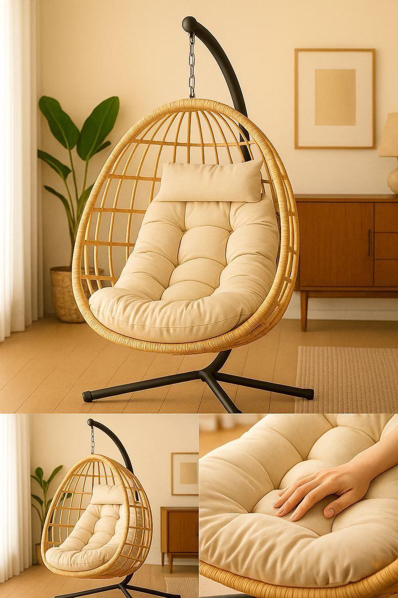 Silla Colgante de Ratán Beige Diseño Elegante para Terraza, Jardín o Living-3