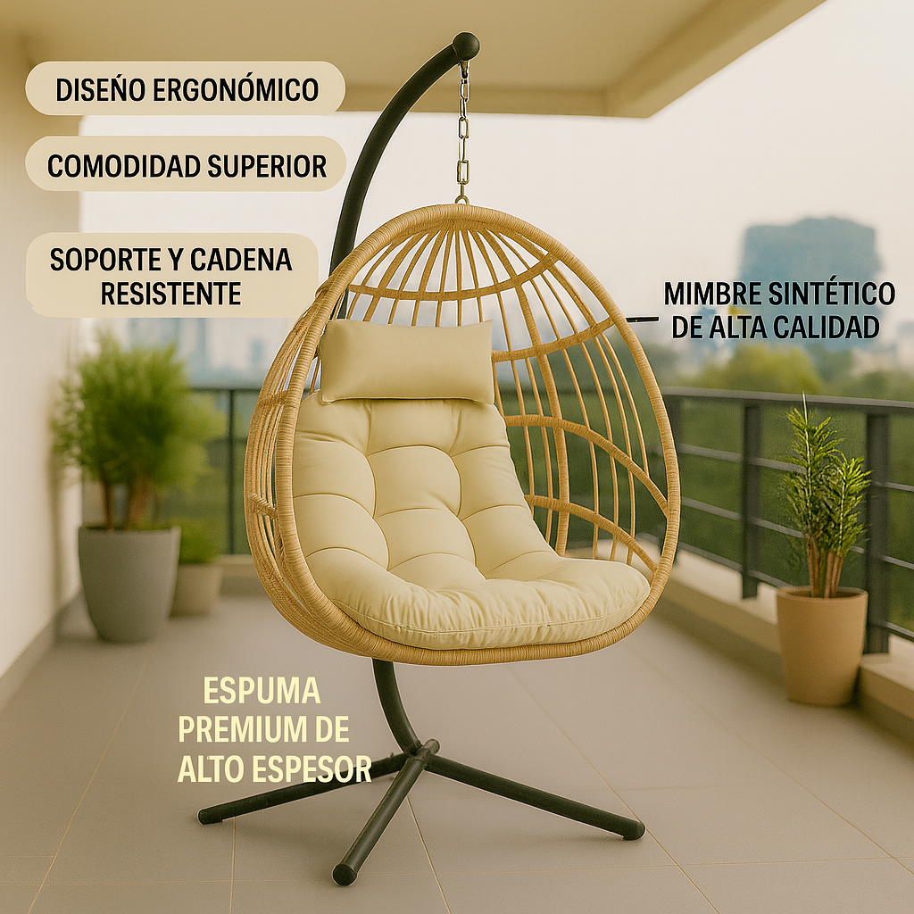 Silla Colgante de Ratán Beige Diseño Elegante para Terraza, Jardín o Living-4