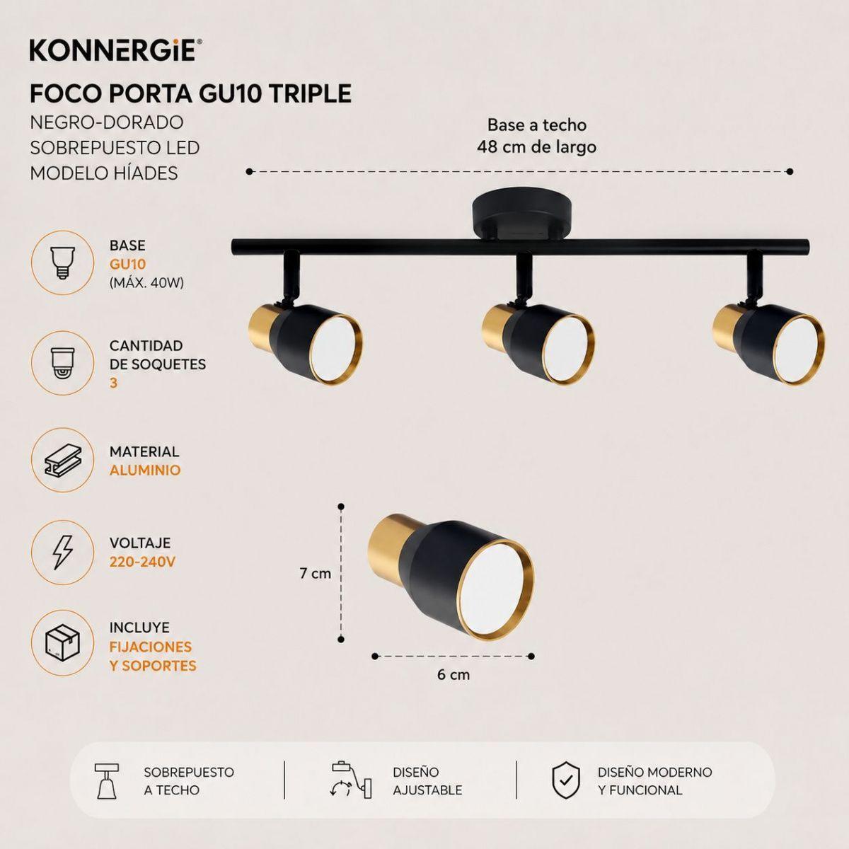 Foco Porta GU10 Triple Híades Negro-Dorado Sobrepuesto de Aluminio para Iluminación Interior-9
