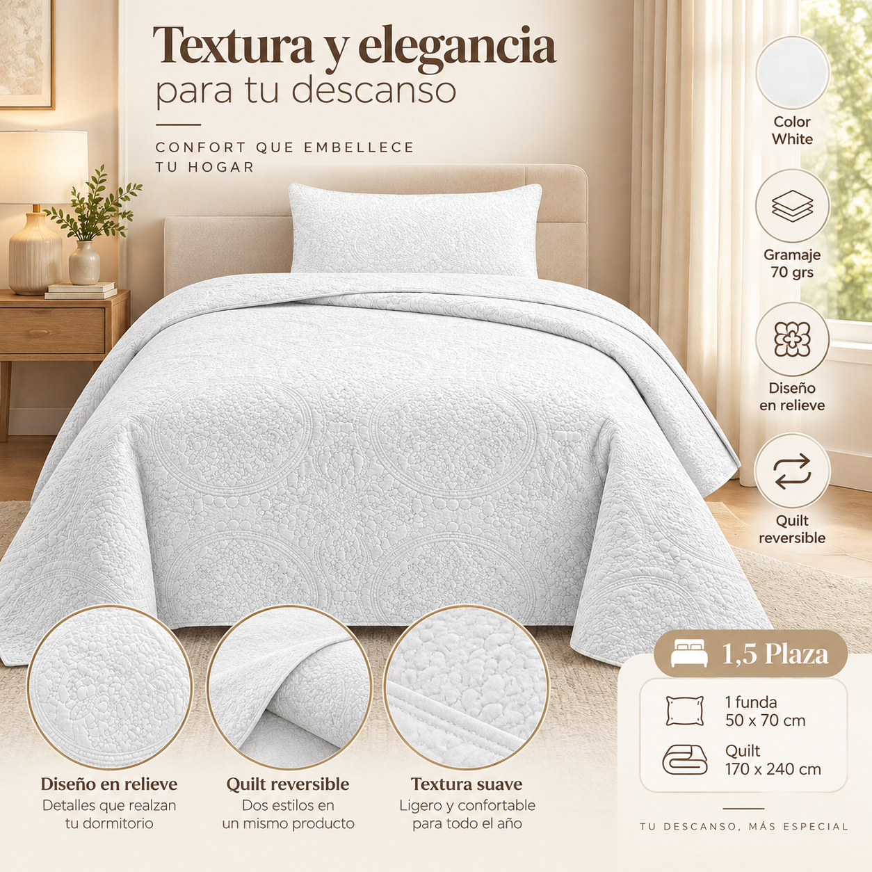 Cubrecama Verano Quilt Wonder 1.5 P 170x240 Cm Reversible 1 Funda Blanco-1