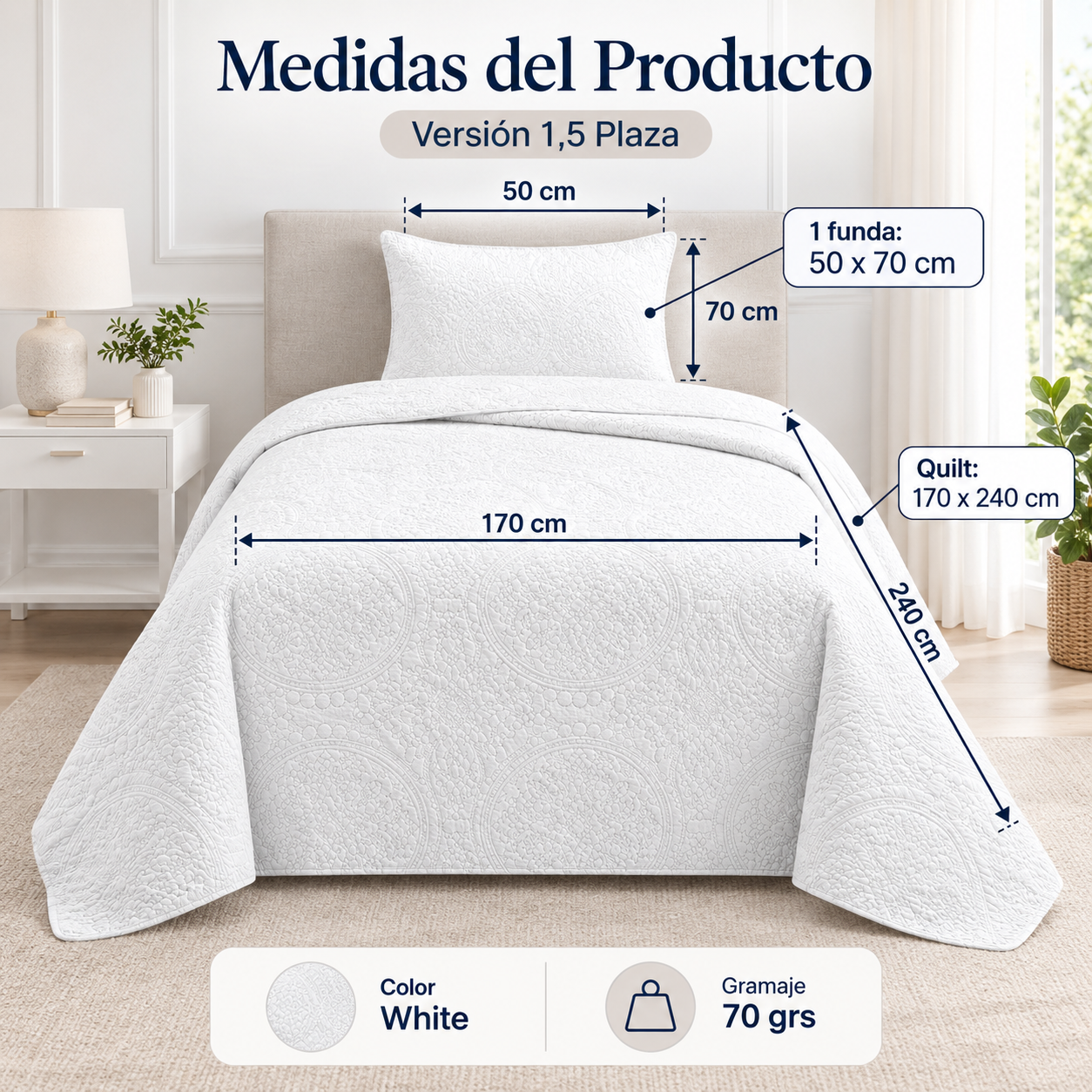 Cubrecama Verano Quilt Wonder 1.5 P 170x240 Cm Reversible 1 Funda Blanco-2