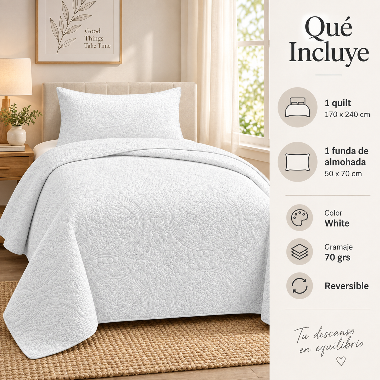 Cubrecama Verano Quilt Wonder 1.5 P 170x240 Cm Reversible 1 Funda Blanco-3