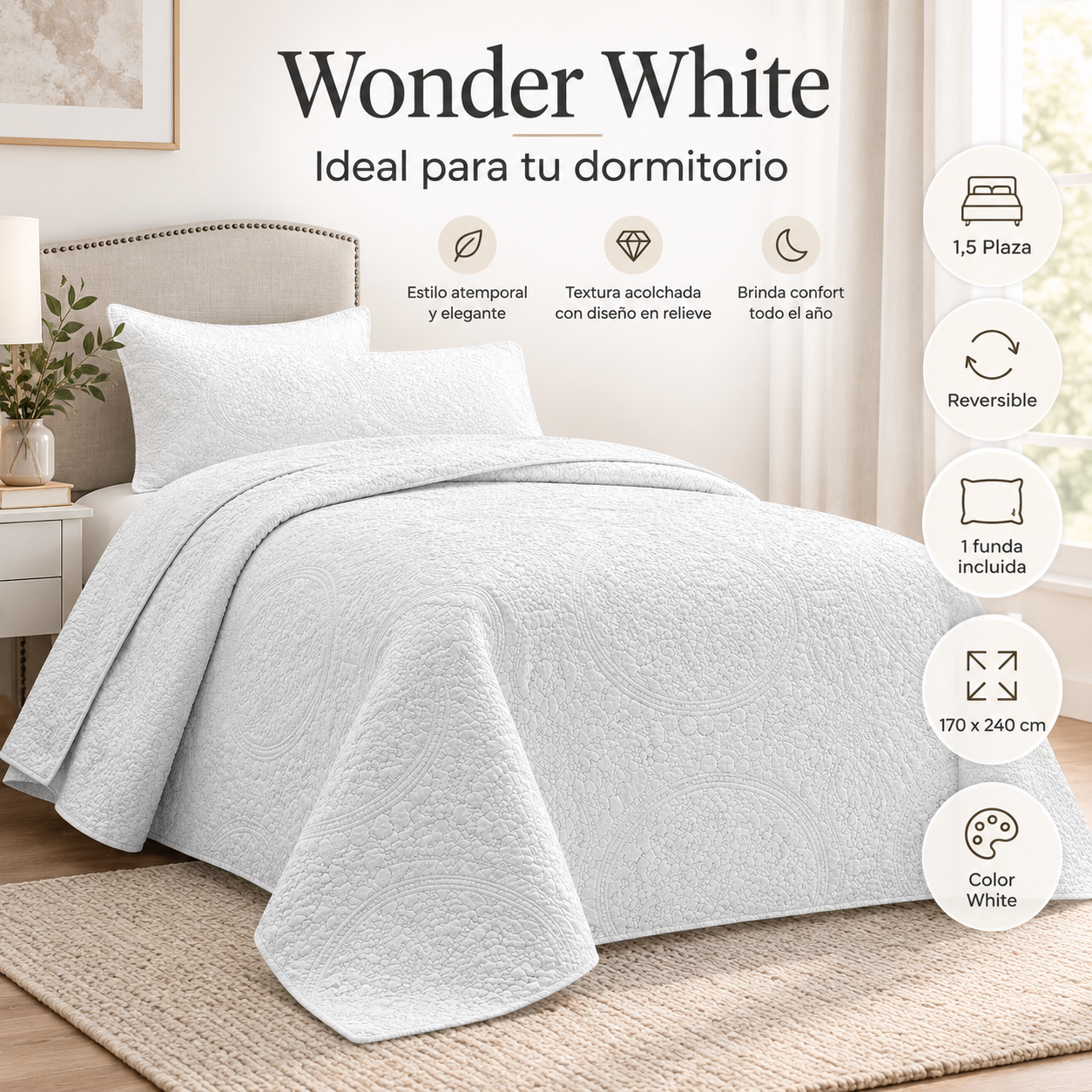 Cubrecama Verano Quilt Wonder 1.5 P 170x240 Cm Reversible 1 Funda Blanco-4