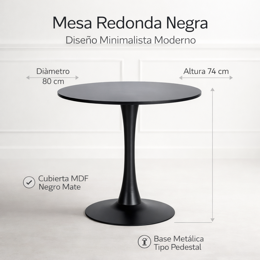 Mesa Redonda Negra 80x74 Cm Minimalista Base Metalica-7