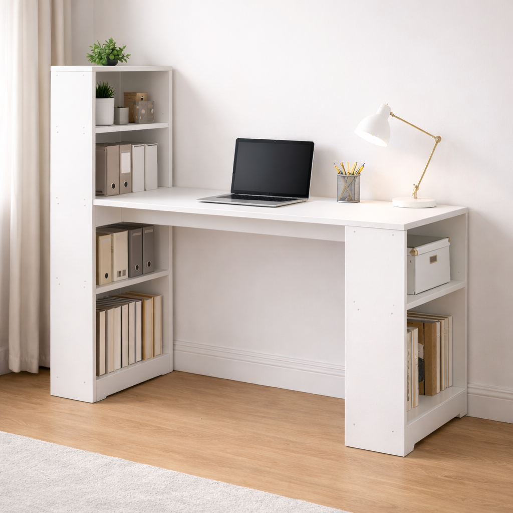 Escritorio Blanco 120 cm con Repisas y Librero Integrado-4