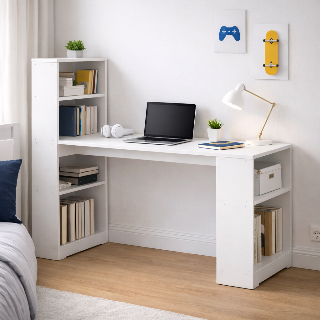 Escritorio Blanco 120 cm con Repisas y Librero Integrado-5