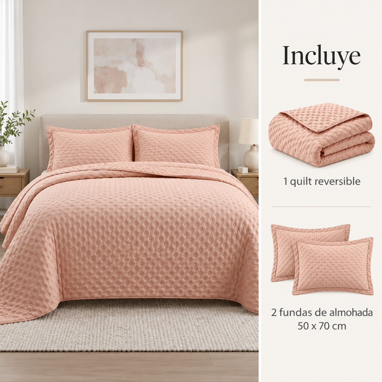 Cubrecama Verano Quilt Deluxe Queen 220x240 Cm Reversible 2 Fundas Coral-2