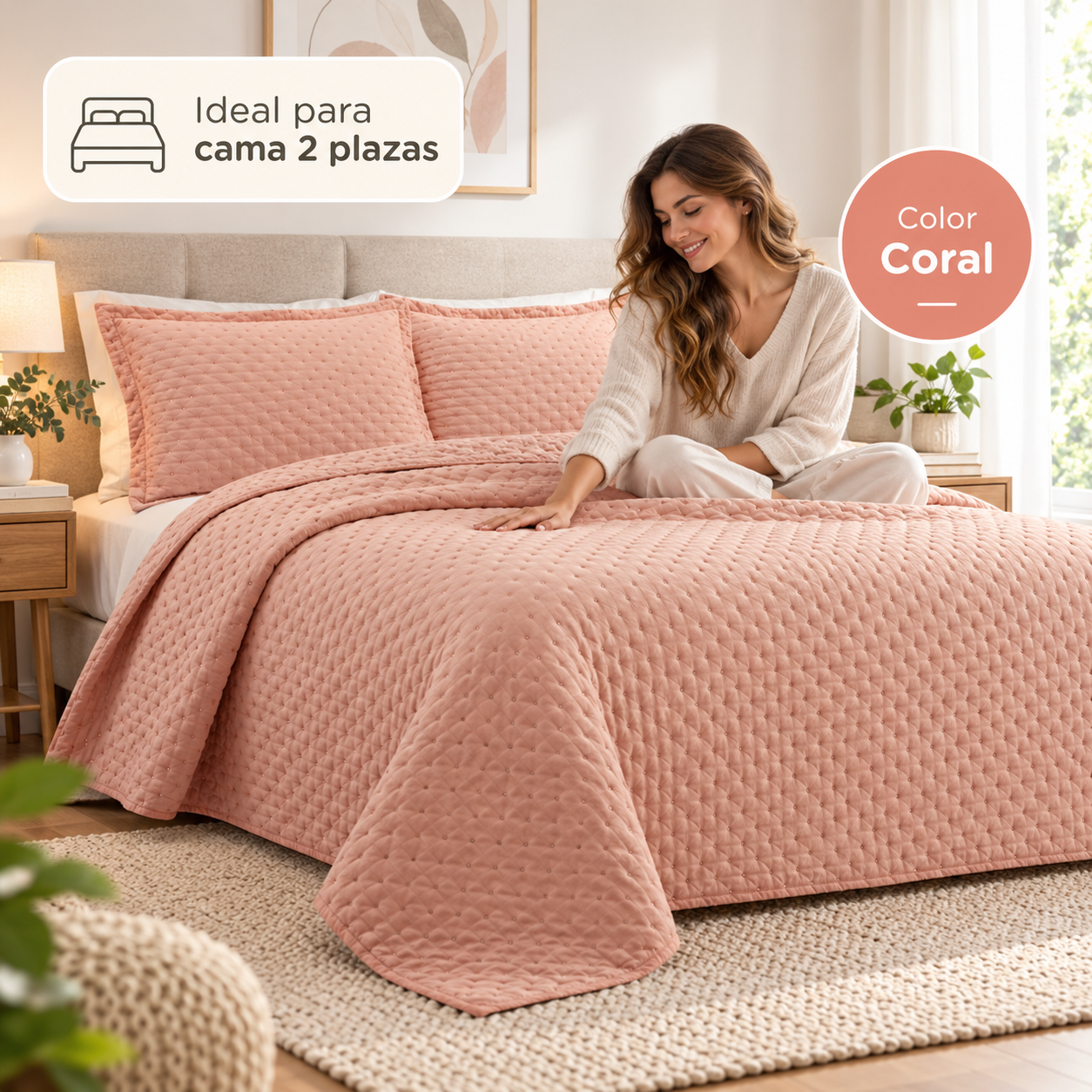 Cubrecama Verano Quilt Deluxe Queen 220x240 Cm Reversible 2 Fundas Coral-3